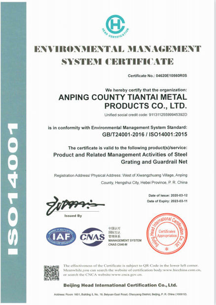 चीन Anping Tiantai Metal Products Co., Ltd. प्रमाणपत्र